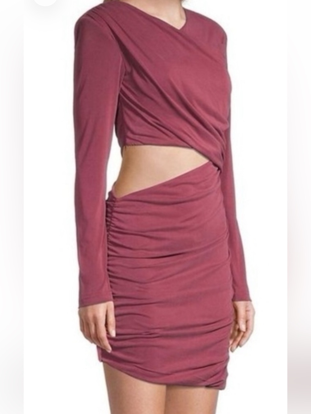 Bardot burgundy Long Sleeve Cutout Ruched Mini Dress